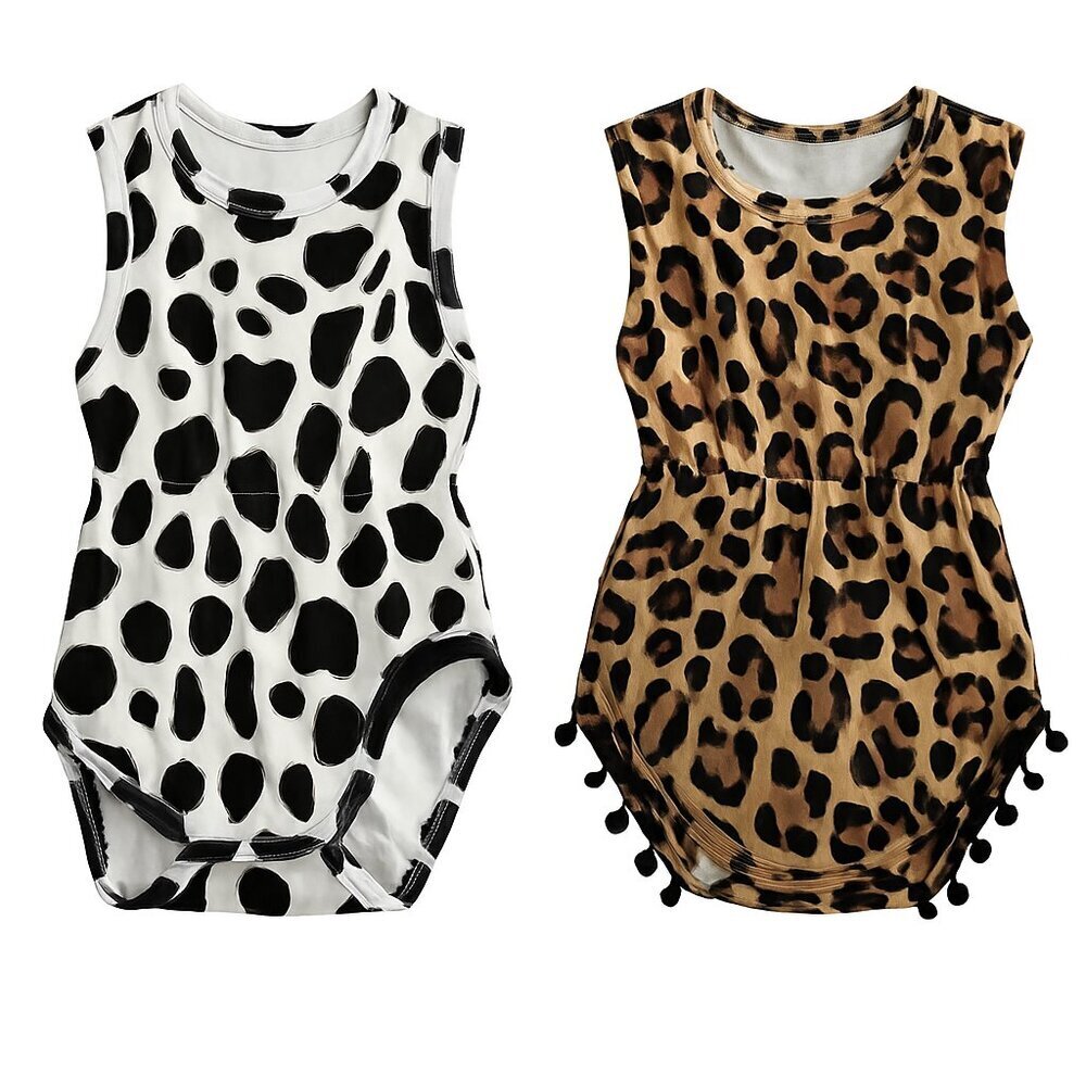 3/$20 Bundle •Baby Sleeveless Romper Bundle – Cow Print & Leopard Print –